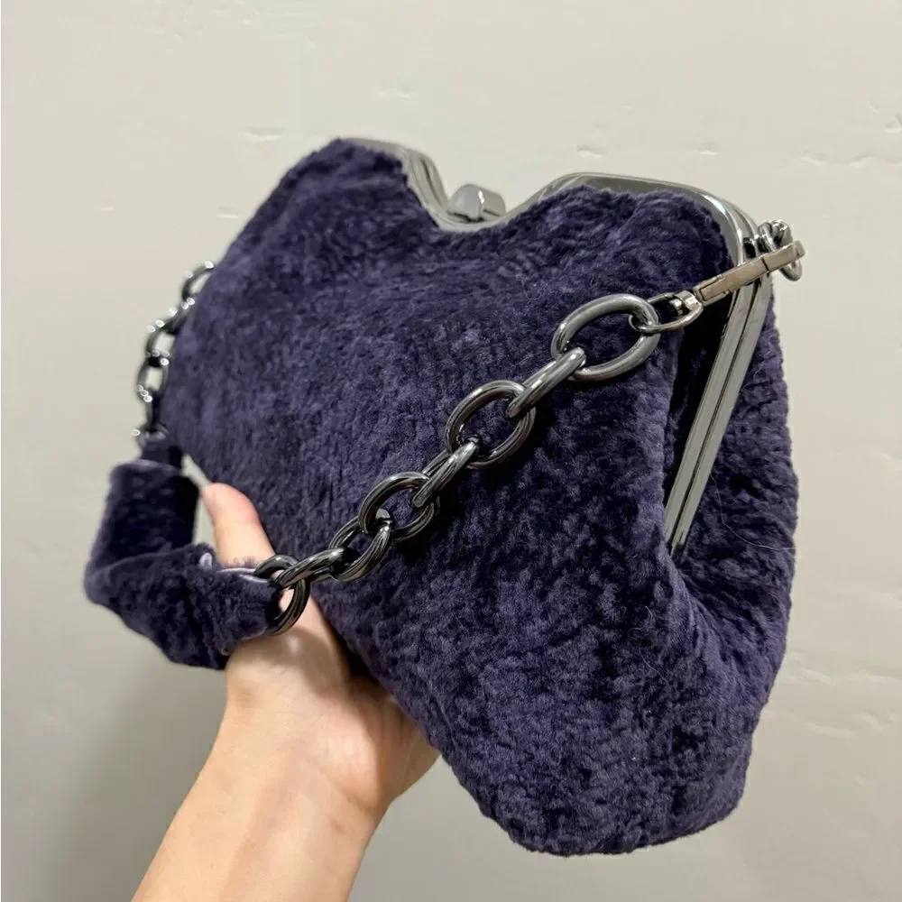 Purple Handmade Real Shearling leather Push Lock Shoulder Bag/Crossbody